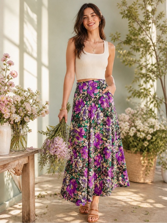 Dana Buchman Dresses & Skirts - Dana Buchman 100% Silk Vintage Bias-Cut Floral Midi Skirt Size 4 Y2K Late 90s